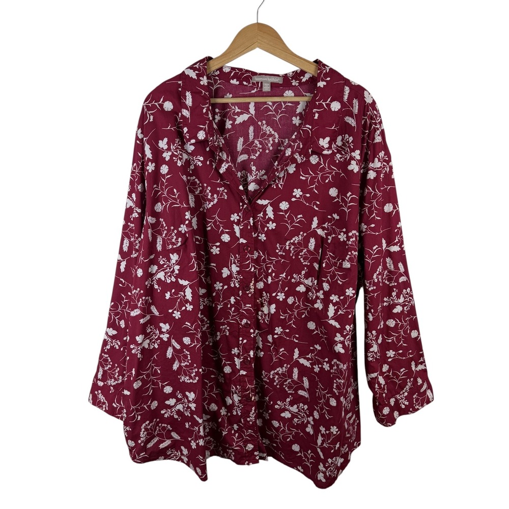 Woman Within Floral Button Up Shirt  Size 34/36 Burgundy Relaxed‎ Cottage Boho